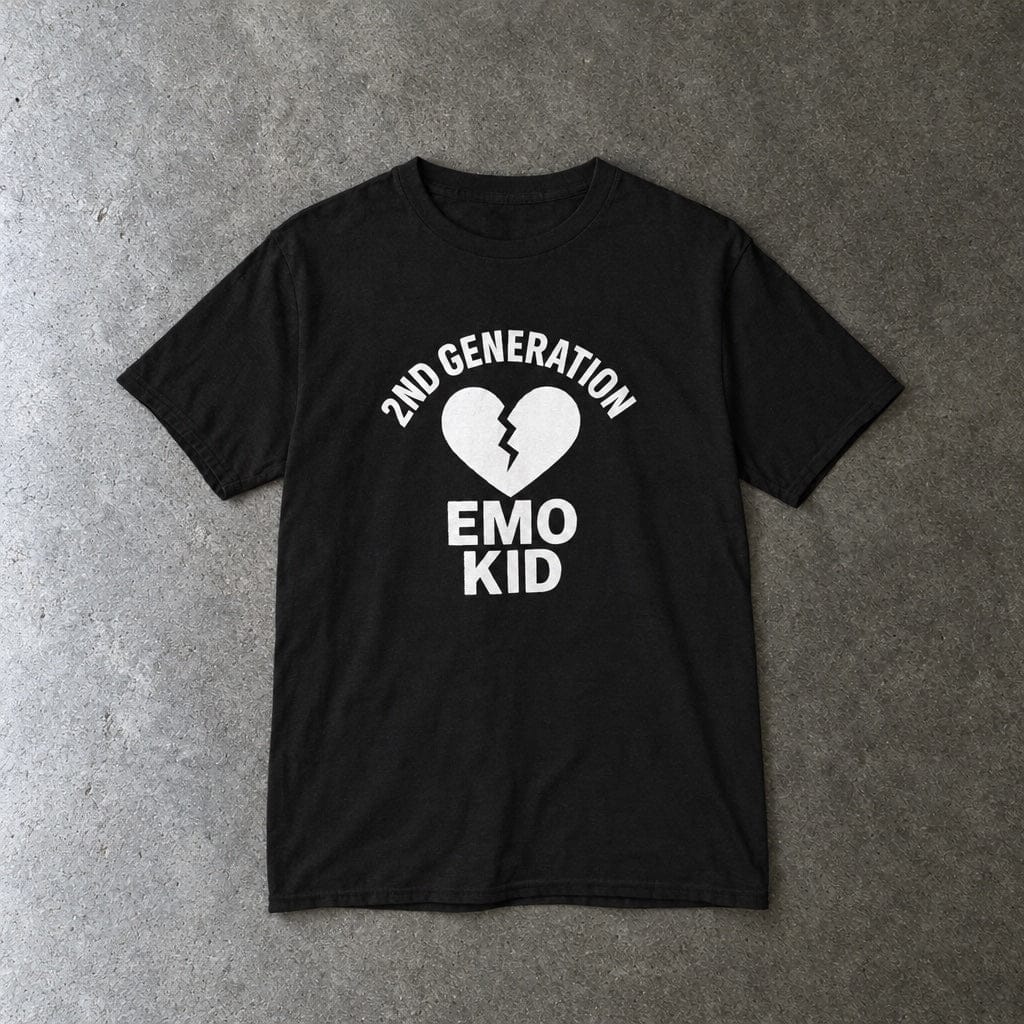 2nd Generation Emo Kid Broken Heart youth tee in black, laid flat