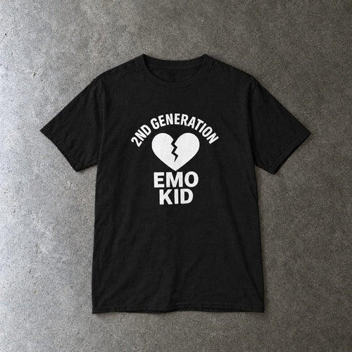 2nd Generation Emo Kid Broken Heart youth tee in black, laid flat
