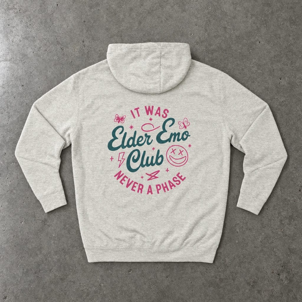Elder Emo Club Hoodie in oatmeal heather, laid flat, back view