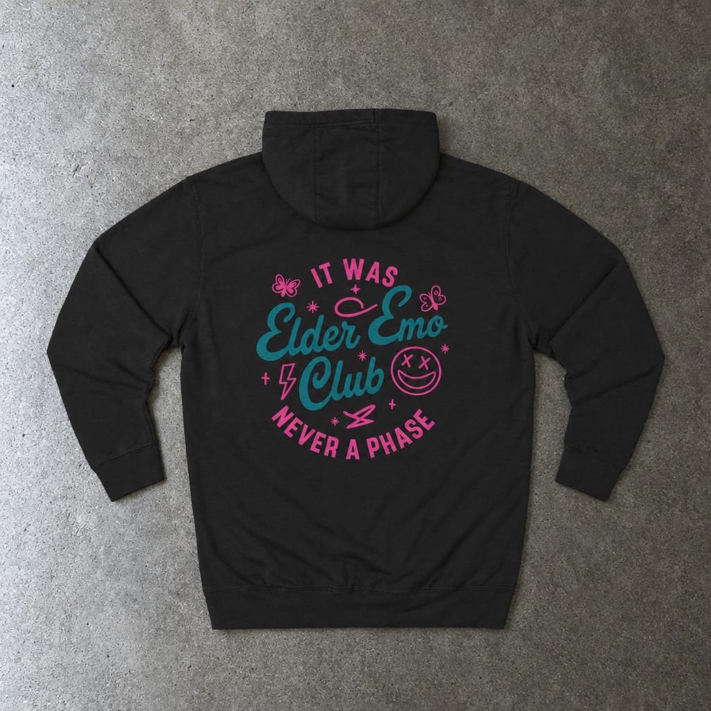 Elder Emo Club Hoodie in black, laid flat, back view