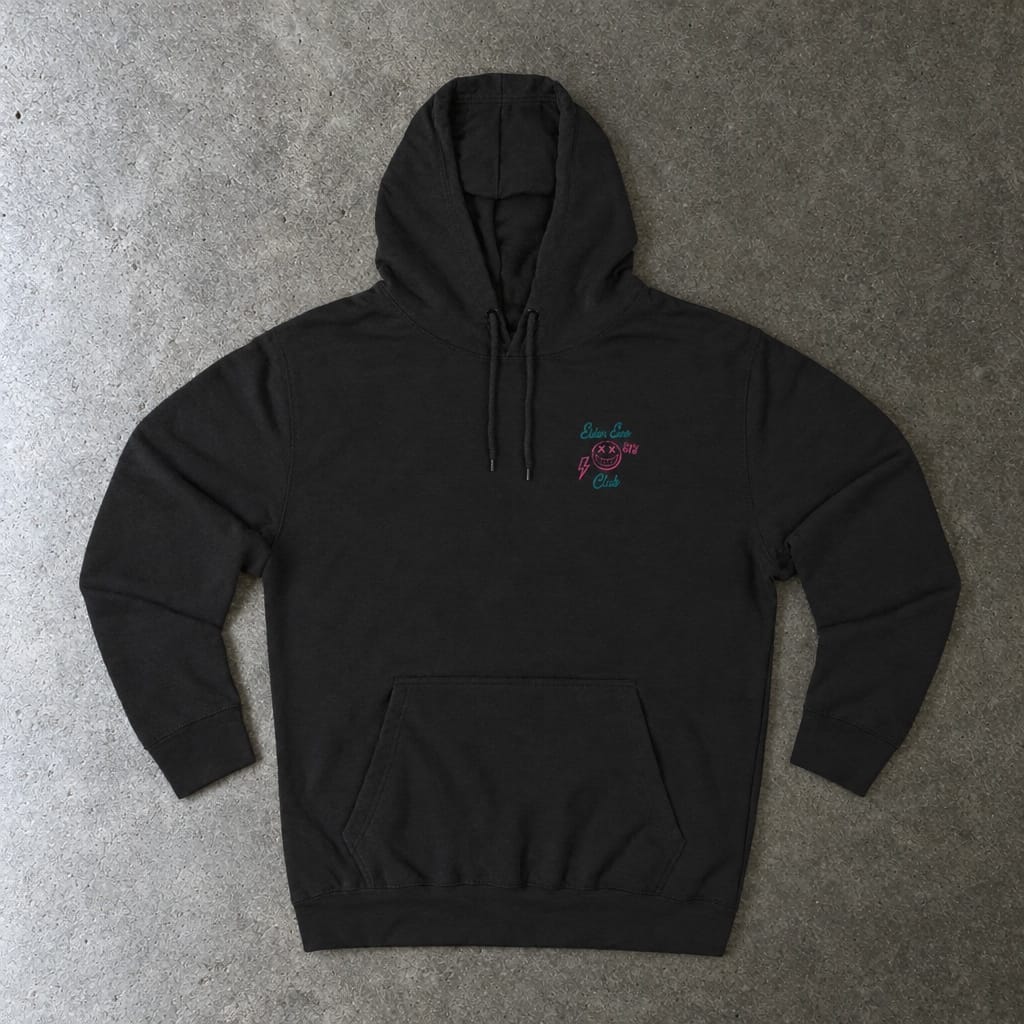 Elder Emo Club Hoodie in black, laid flat