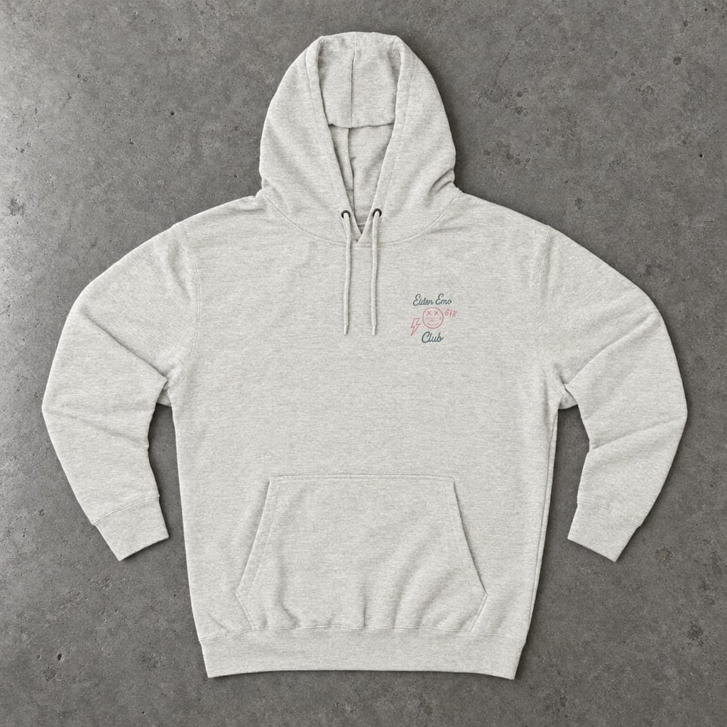 Elder Emo Club Hoodie in oatmeal heather, laid flat