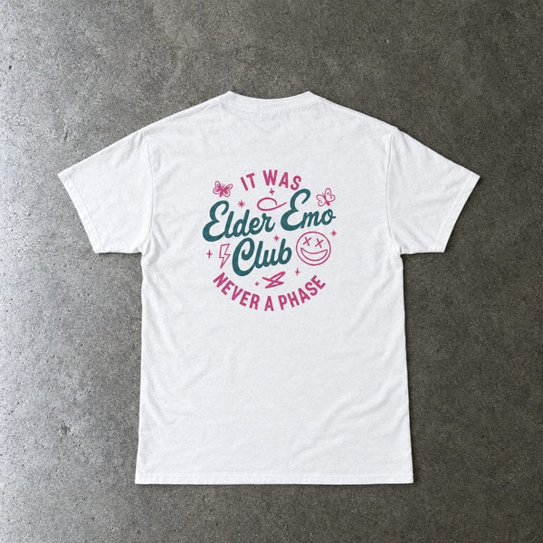 Elder Emo Club Smiley Tee in white, laid flat, back view