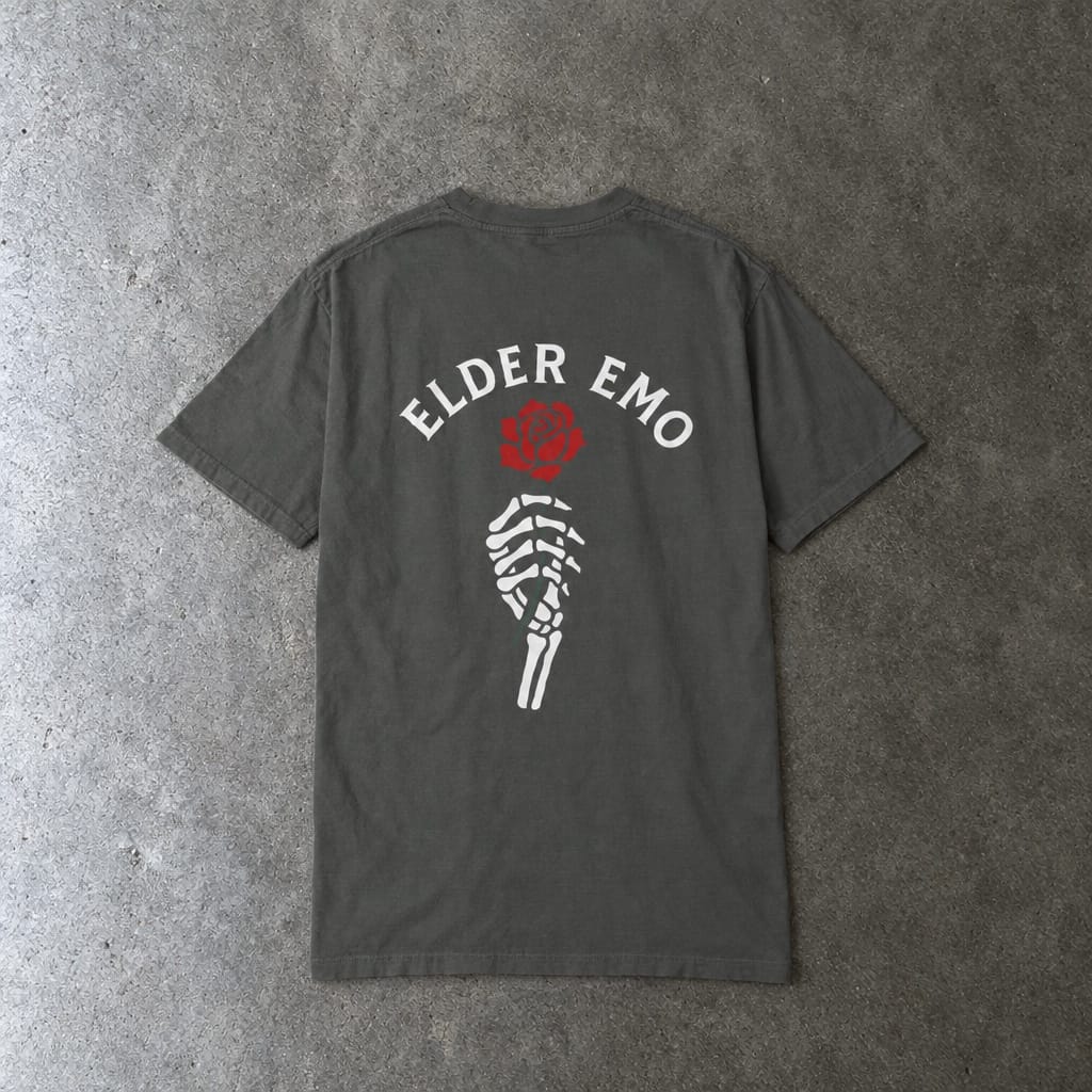Elder Emo Rose Badge w/ Back Tee on Comfort Colors Pepper / M
