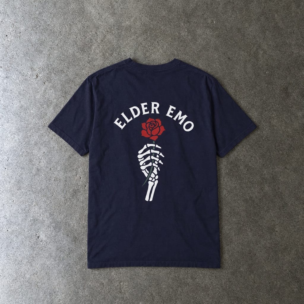 Elder Emo Rose Badge w/ Back Tee on Comfort Colors True Navy / S
