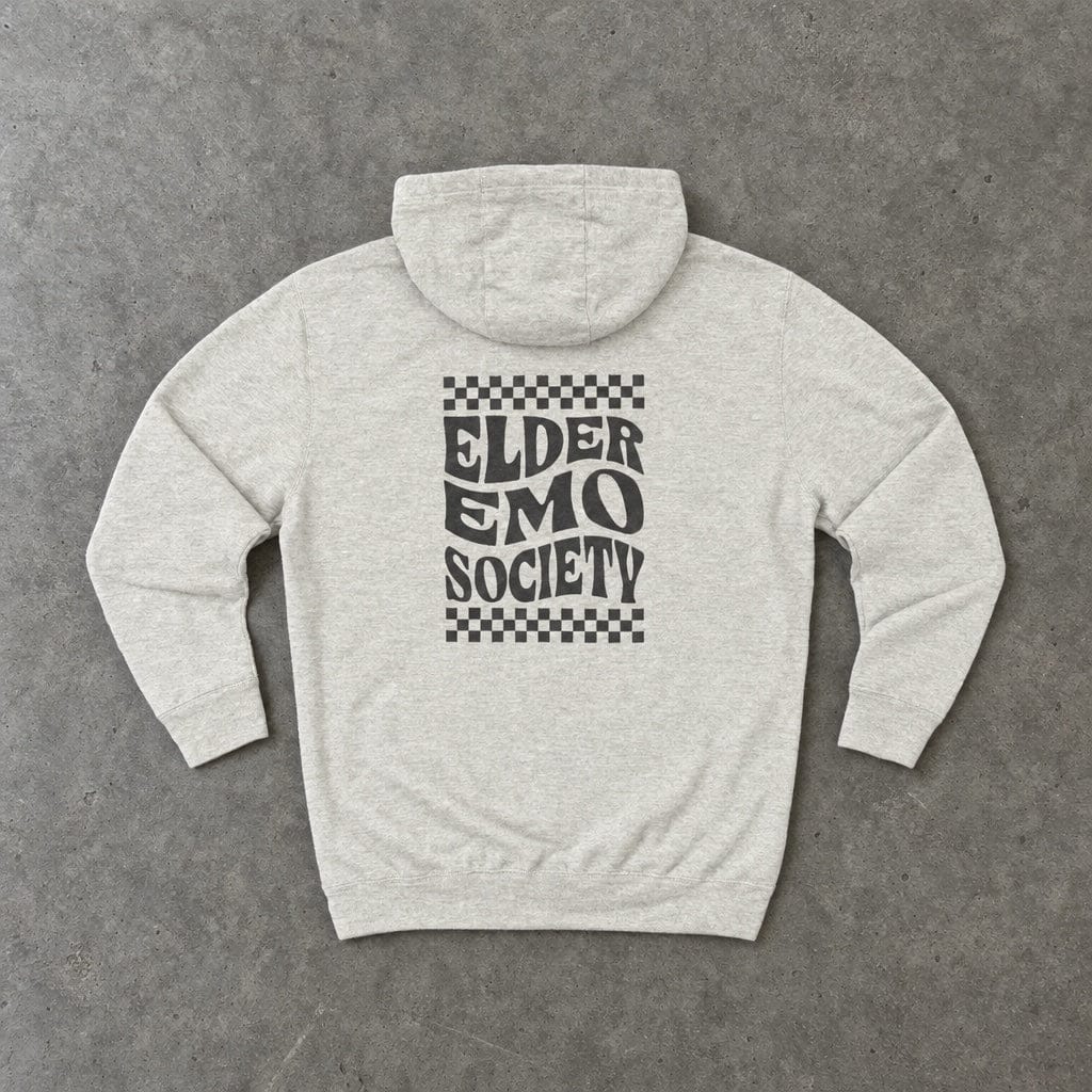 Elder Emo Society Hoodie in oatmeal heather, laid flat, back view
