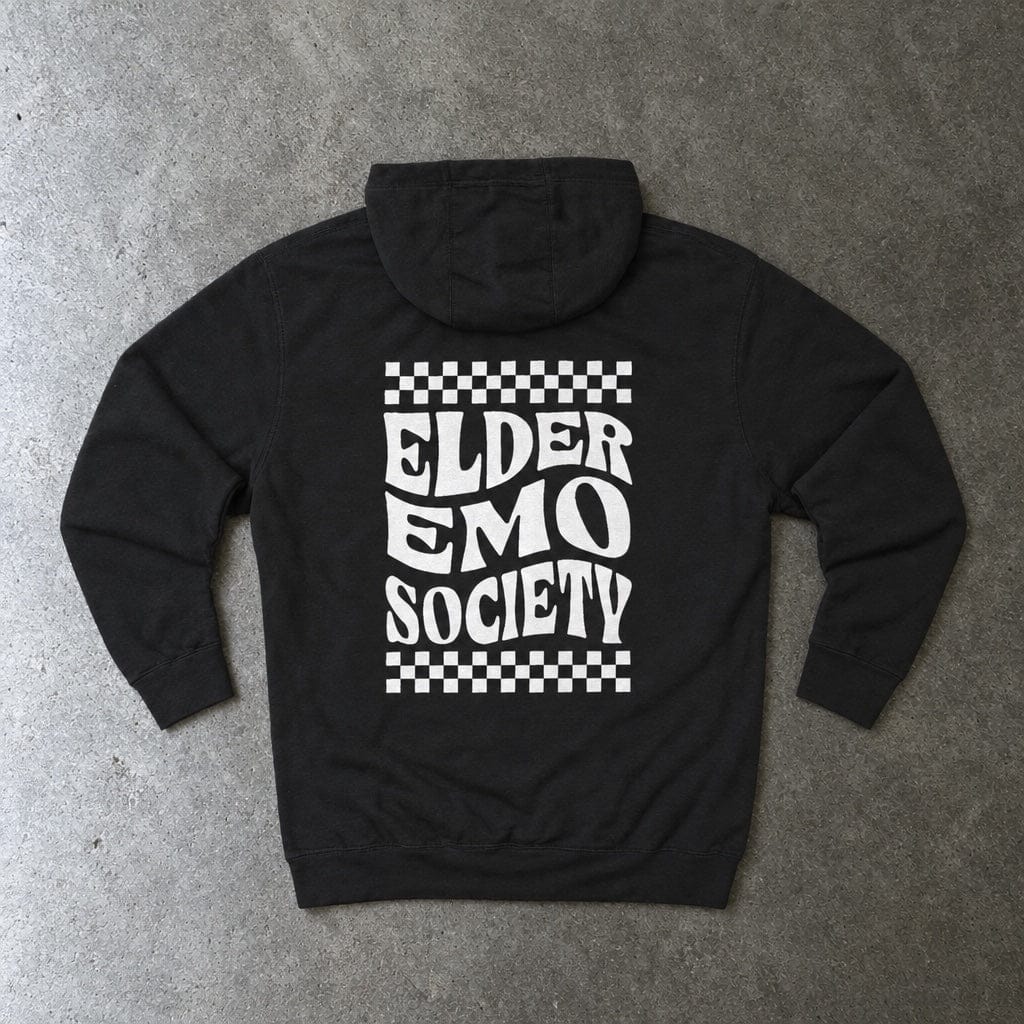 Elder Emo Society Hoodie in black, laid flat, back view