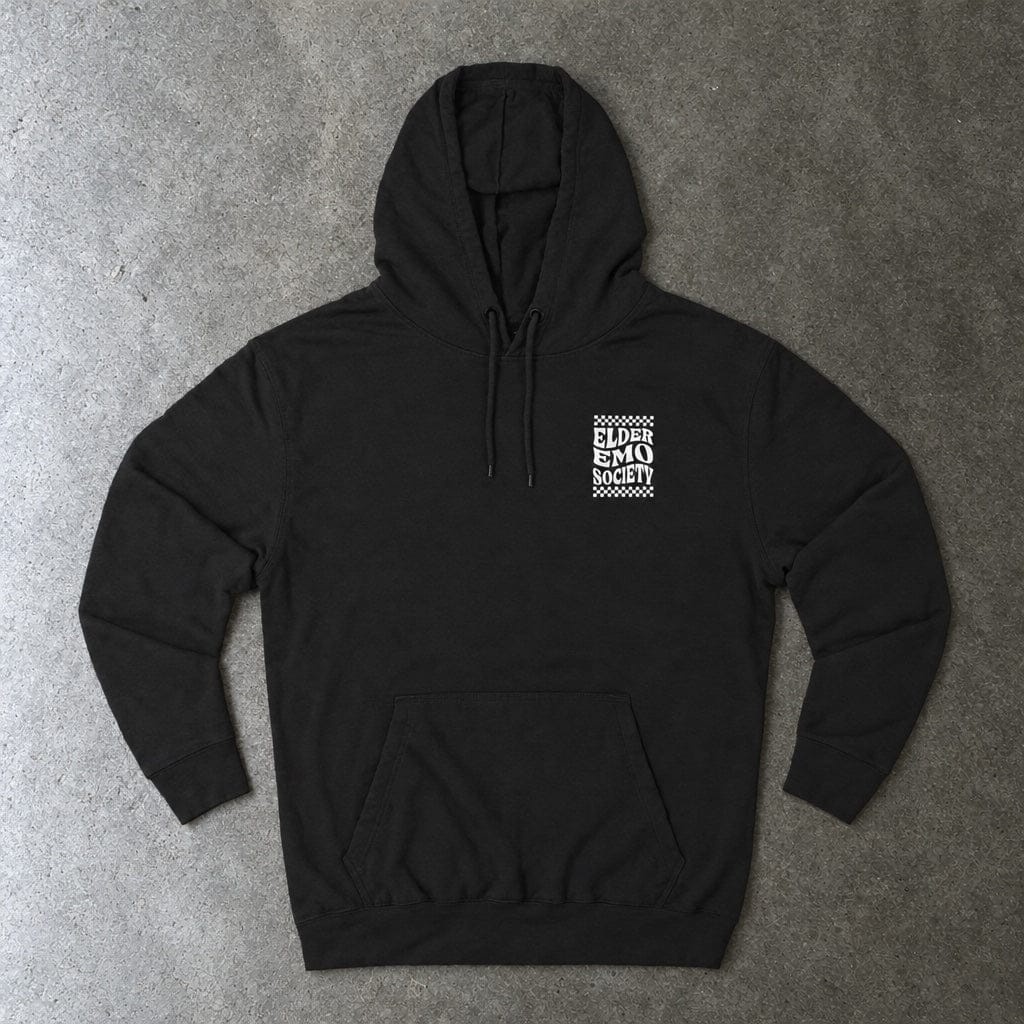 Elder Emo Society Hoodie in black, laid flat