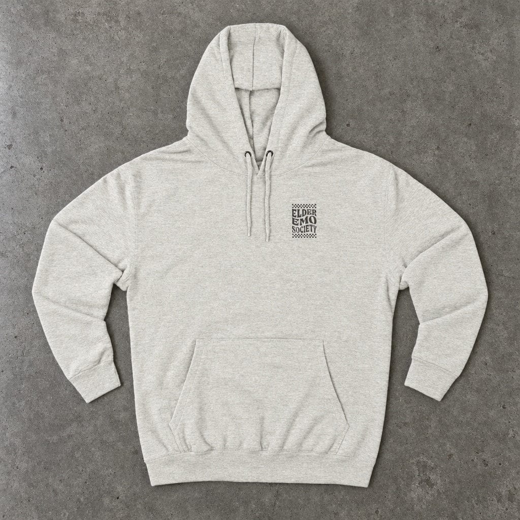 Elder Emo Society Hoodie in oatmeal heather, laid flat