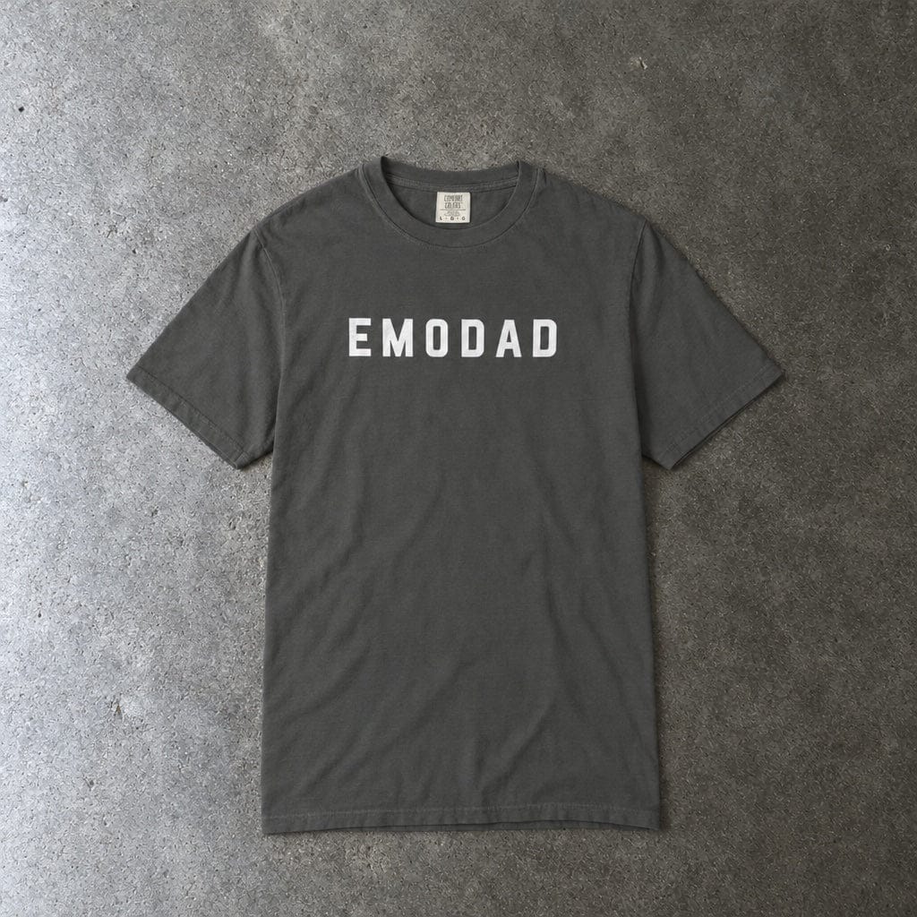 emodad Tee on Comfort Colors in pepper, laid flat