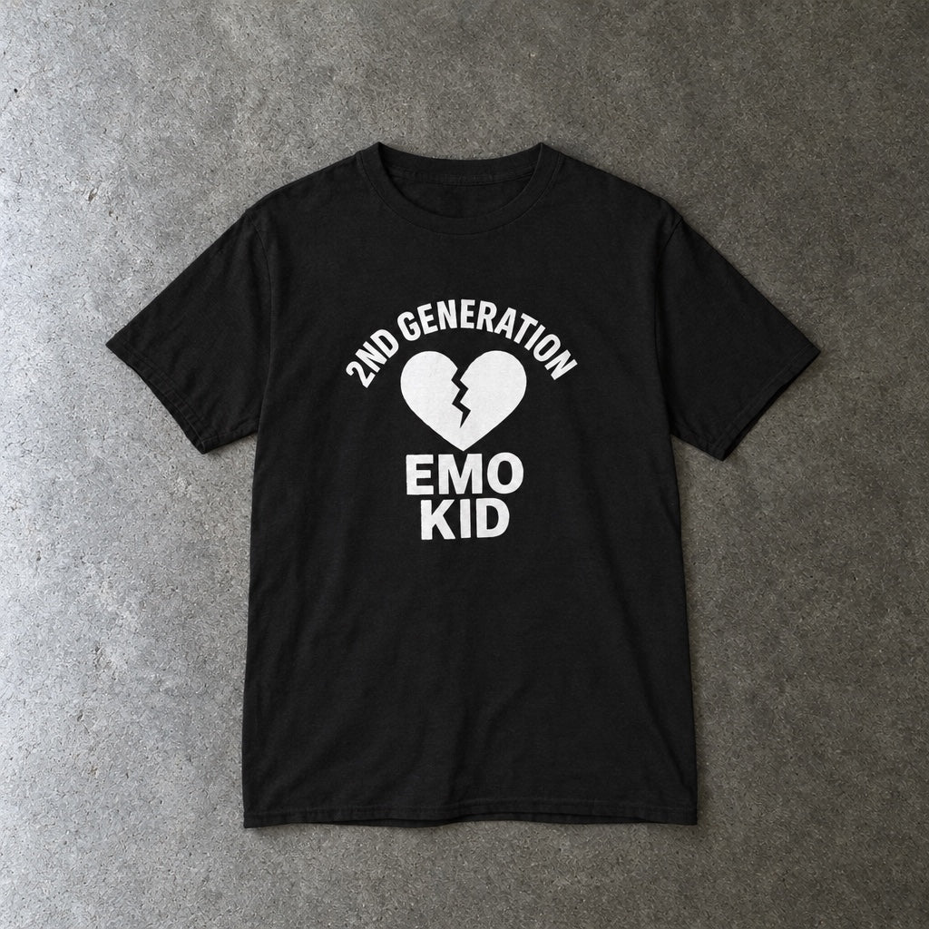 2nd Generation Emo Kid Broken Heart youth tee in black, laid flat