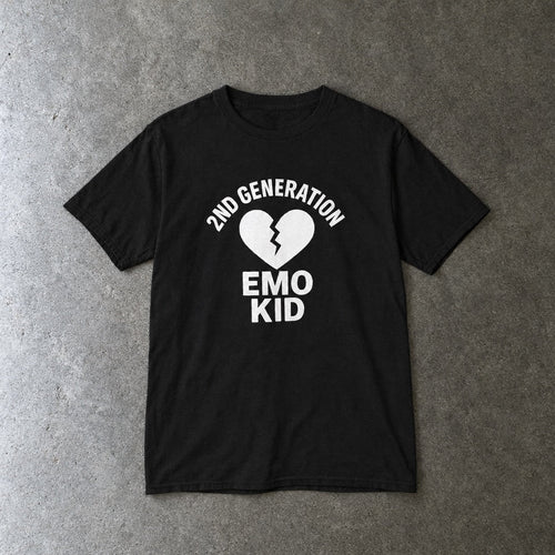 2nd Generation Emo Kid Broken Heart youth tee in black, laid flat