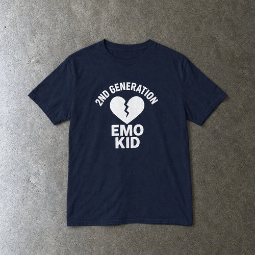 2nd Generation Emo Kid Broken Heart youth tee in navy, laid flat
