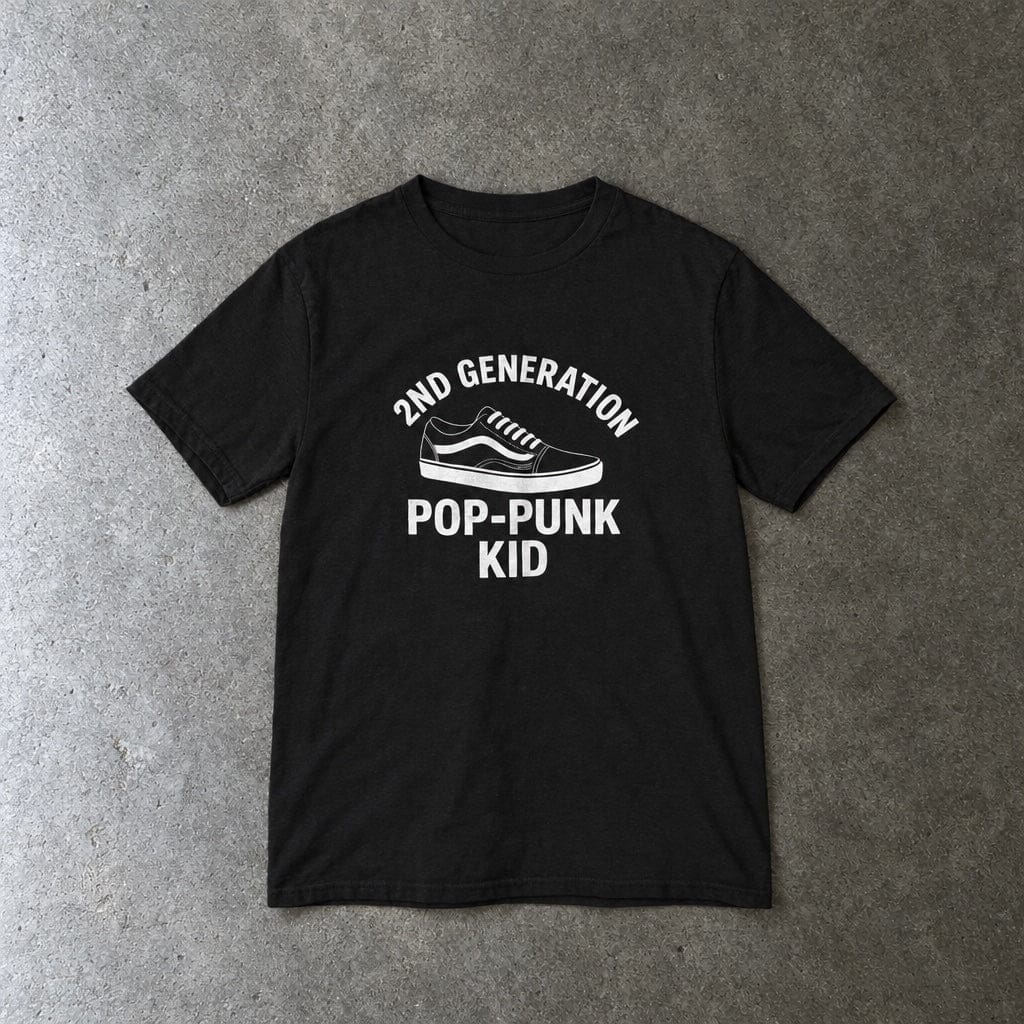 2nd Generation Pop-Punk Kid youth tee in black, laid flat