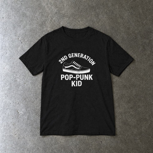 2nd Generation Pop-Punk Kid youth tee in black, laid flat