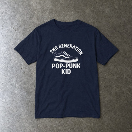 2nd Generation Pop-Punk Kid youth tee in navy, laid flat