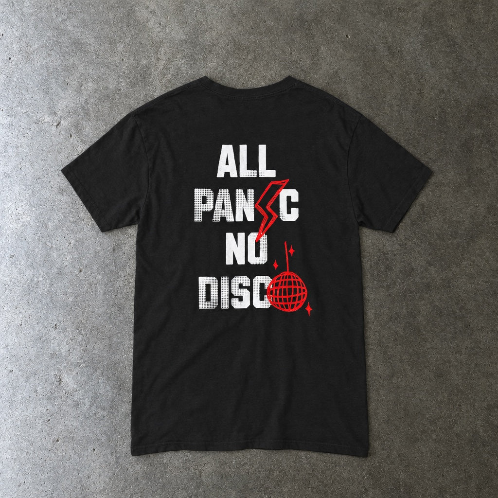 All Panic No Disco Tee toddler tee in black, laid flat, back view