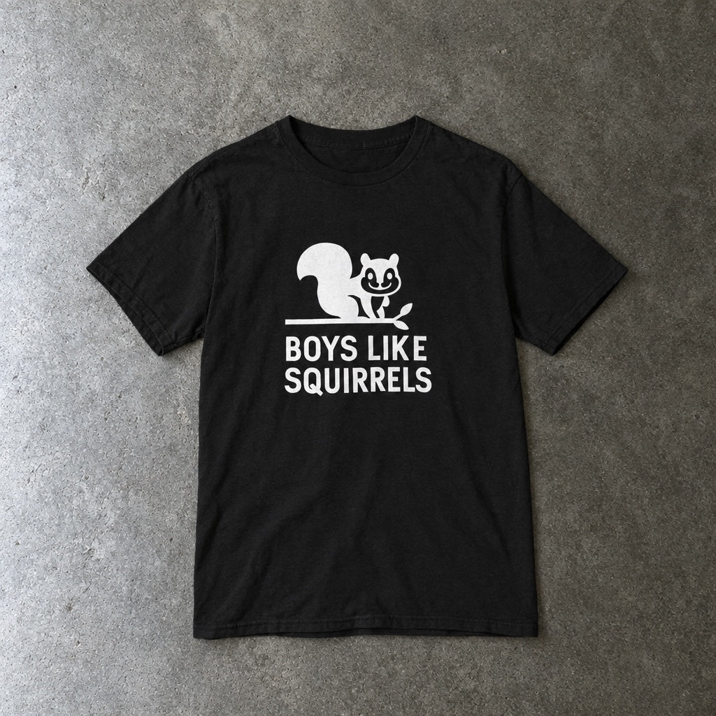 Boys Like Squirrels youth tee in black, laid flat
