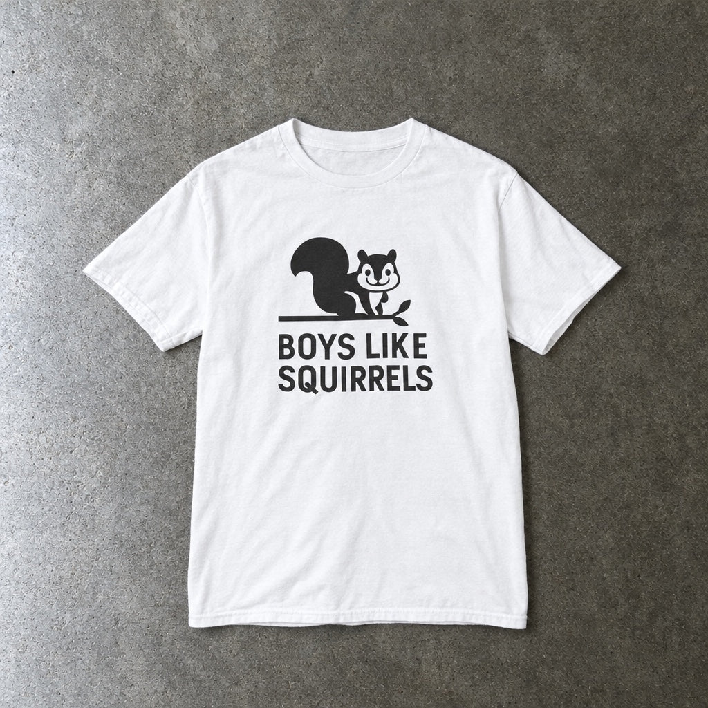 Boys Like Squirrels youth tee in white, laid flat