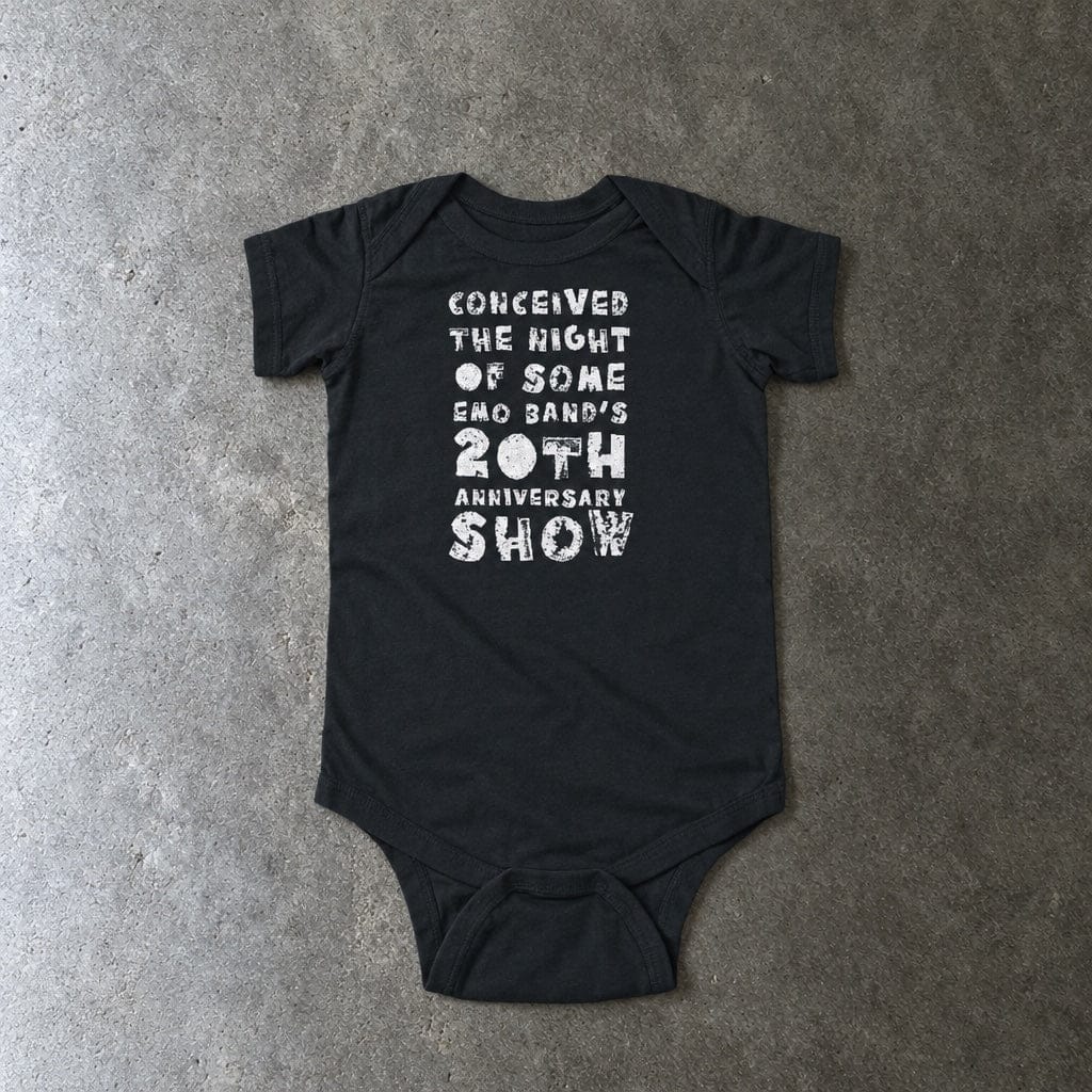Conceived the Night of Some Emo Band's 20th Anniversary Show Onesie in black, laid flat