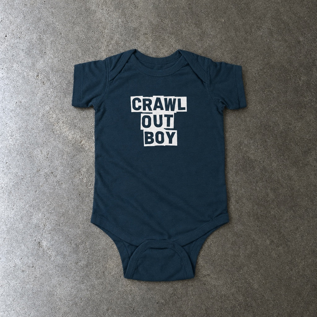 Crawl Out Boy onesie in navy, laid flat
