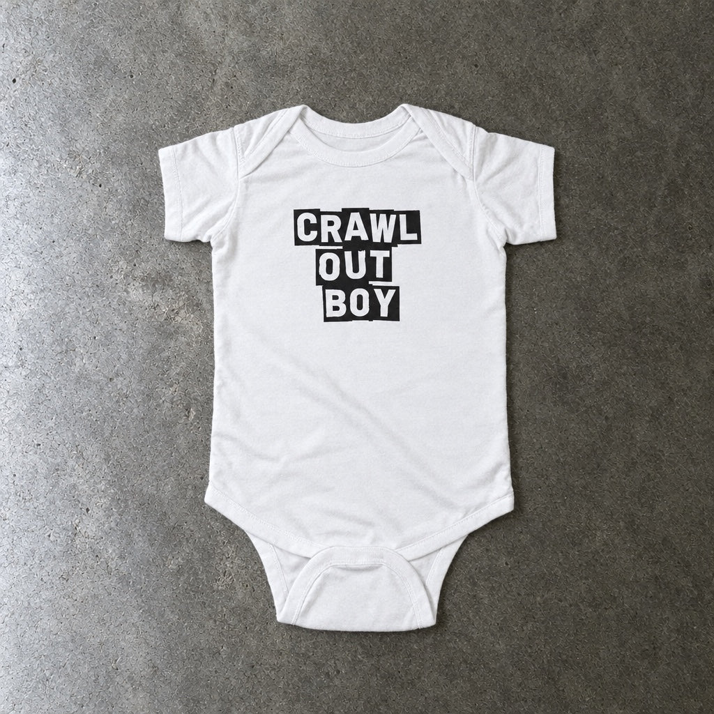 Crawl Out Boy onesie in white, laid flat
