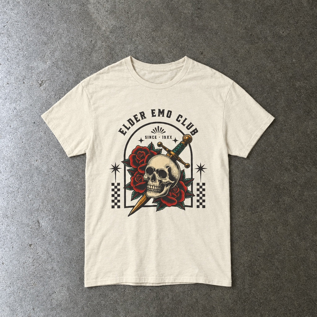 Elder Emo Club Skull & Dagger Tee toddler tee in natural, laid flat