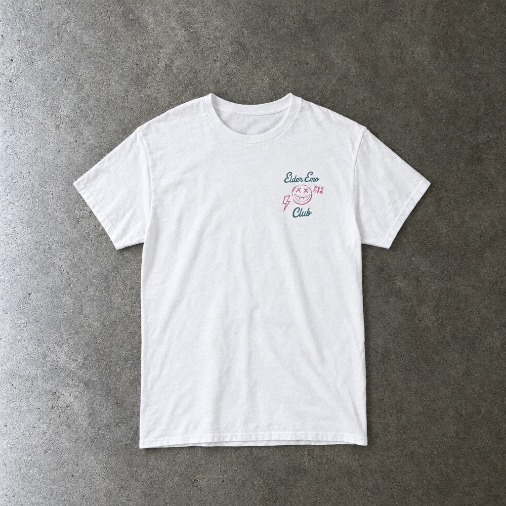 Elder Emo Club Smiley Tee toddler tee in white, laid flat