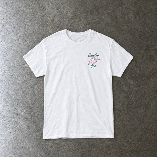 Elder Emo Club Smiley Tee toddler tee in white, laid flat