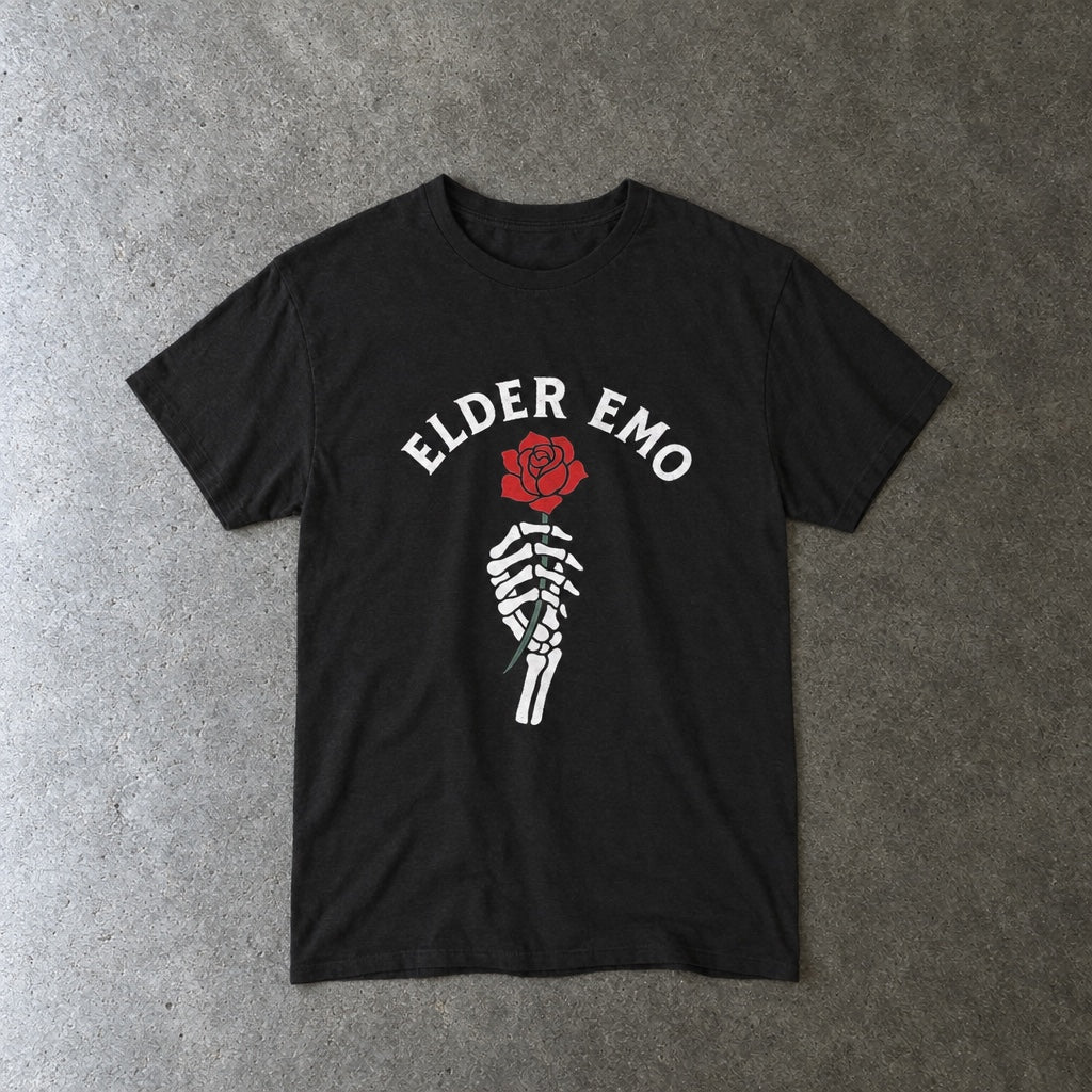 Elder Emo Rose Tee toddler tee in black, laid flat