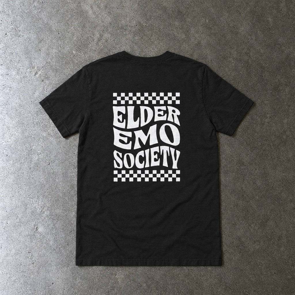 Elder Emo Society Tee toddler tee in black, laid flat, back view