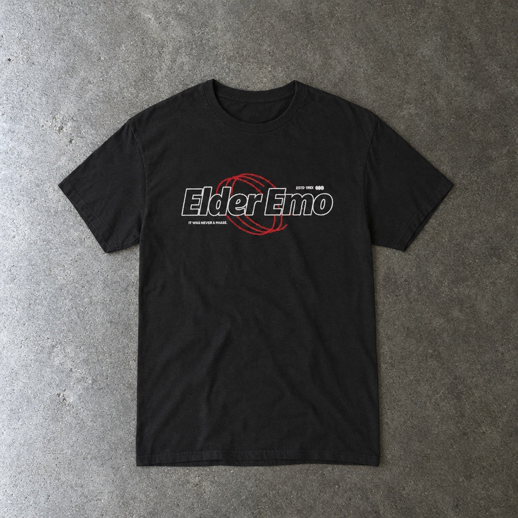 Elder Emo Never A Phase Tee toddler tee in black, laid flat