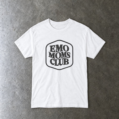 Emo Moms Club Tee toddler tee in white, laid flat