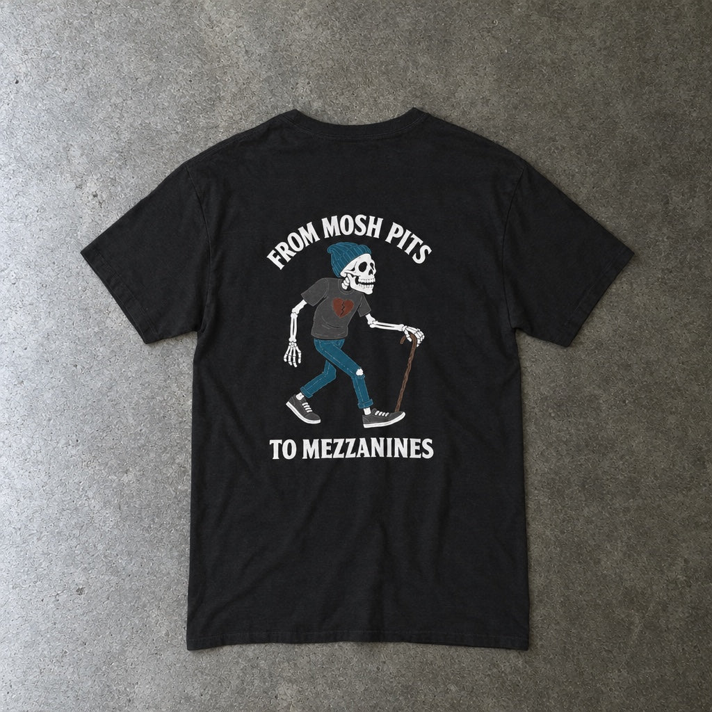From Mosh Pits to Mezzanines Tee toddler tee in black, laid flat, back view