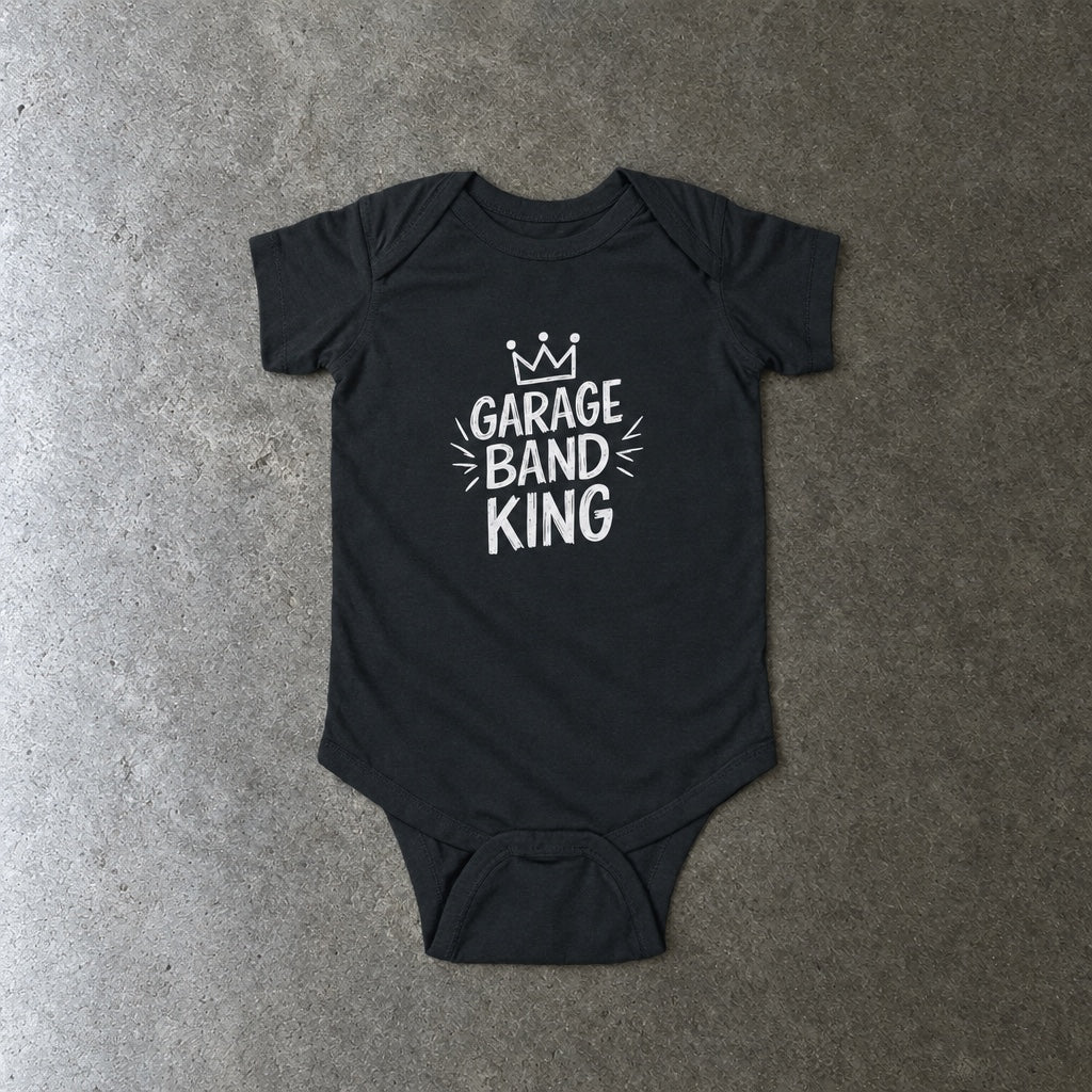 Garage Band King onesie in black, laid flat