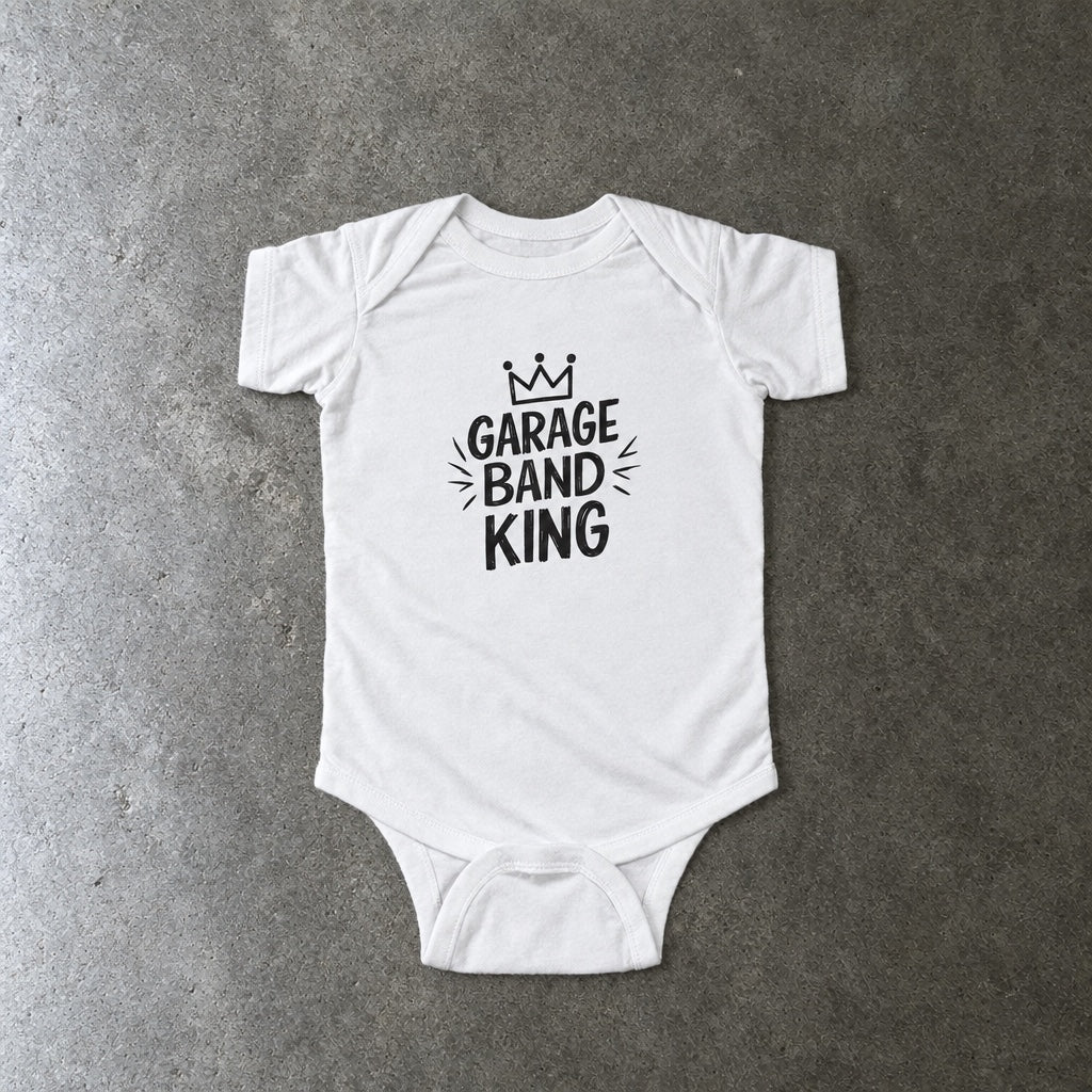 Garage Band King onesie in white, laid flat