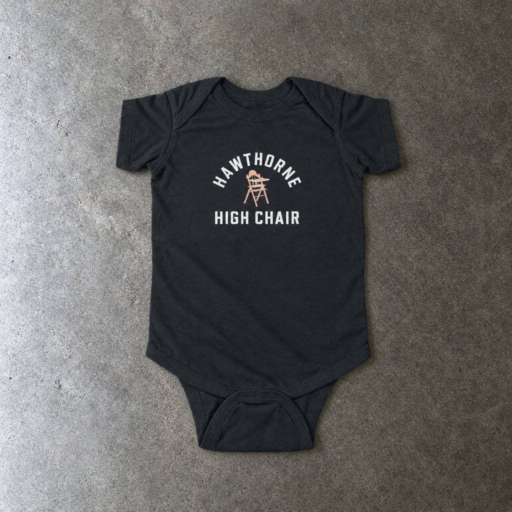 Hawthorne High Chair onesie in black, laid flat