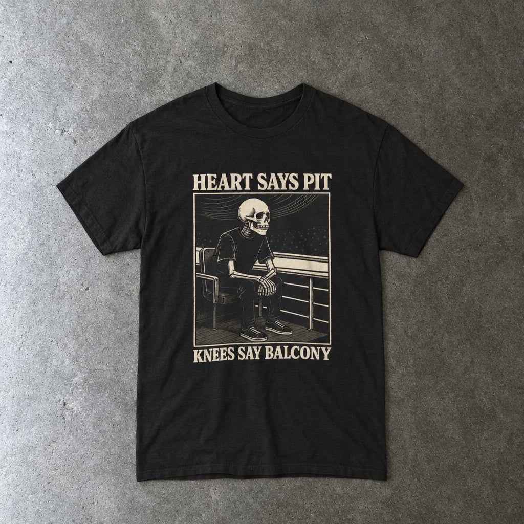 Heart Says Pit, Knees Say Balcony Tee toddler tee in black, laid flat