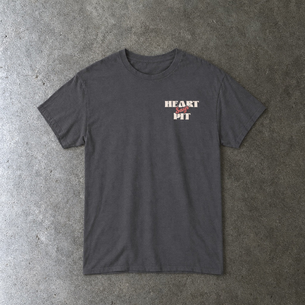 Heart Says Pit, Knees Say Sit Tee toddler tee in charcoal, laid flat