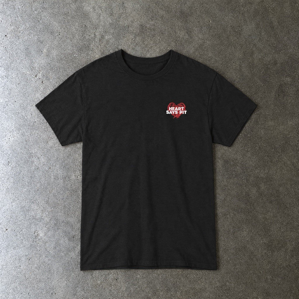 Hearts Says Pit, Back Says Balcony Tee toddler tee in black, laid flat