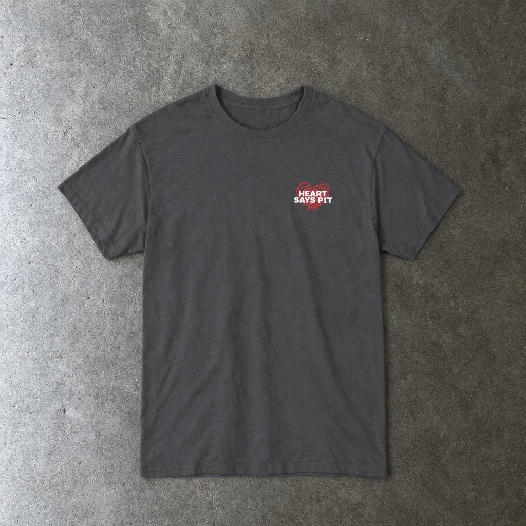 Hearts Says Pit, Back Says Balcony Tee toddler tee in charcoal, laid flat