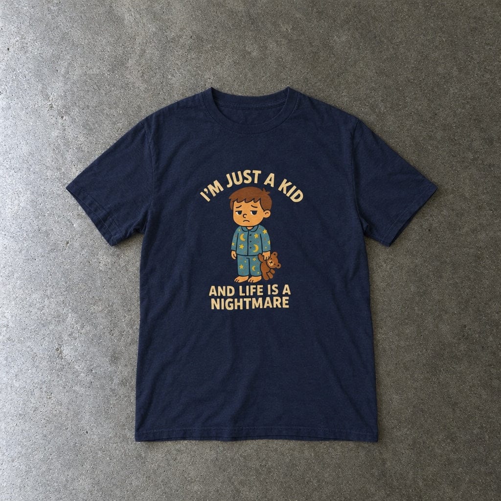 I'm Just A Kid youth tee in navy, laid flat