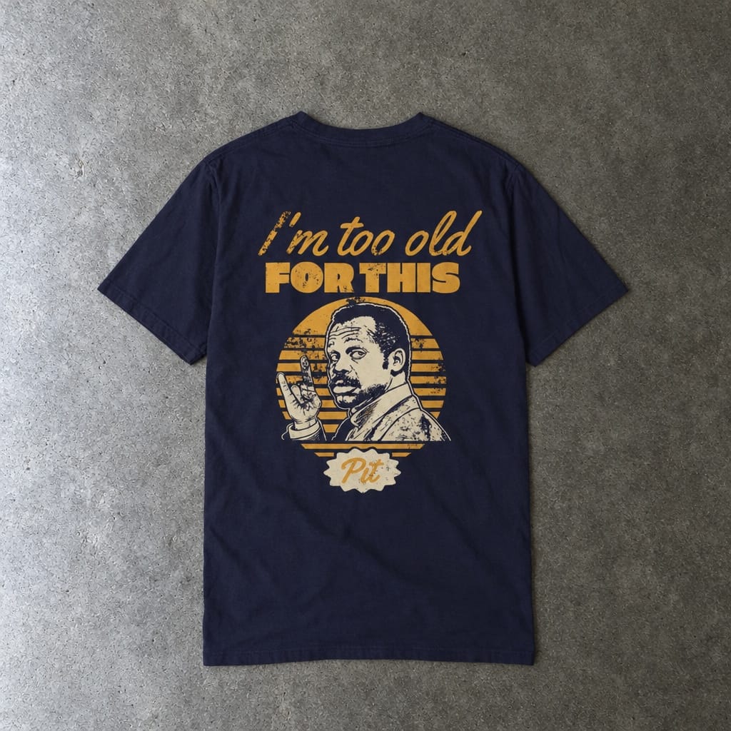 I'm Too Old For This Pit Danny Tee on Comfort Colors in true navy, laid flat, back view