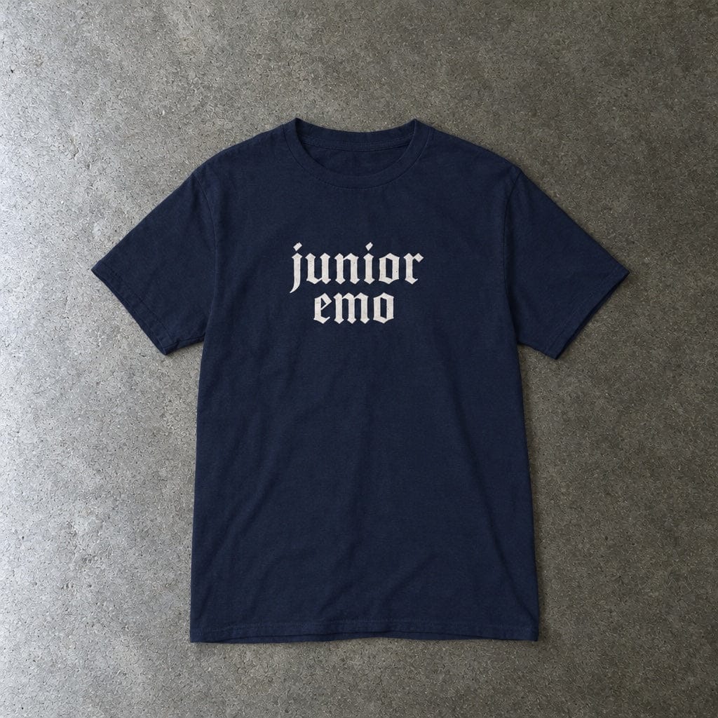 Junior Emo youth tee in navy, laid flat