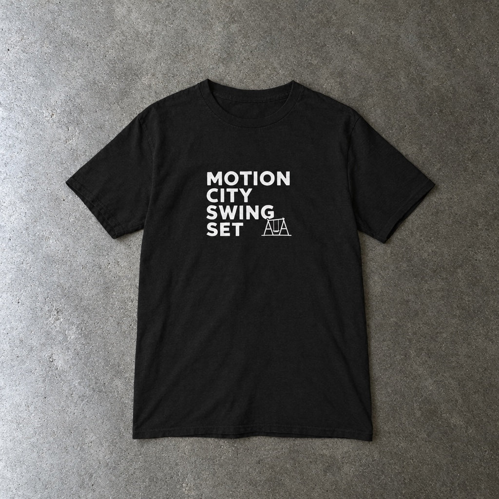 Motion City Swing Set youth tee in black, laid flat
