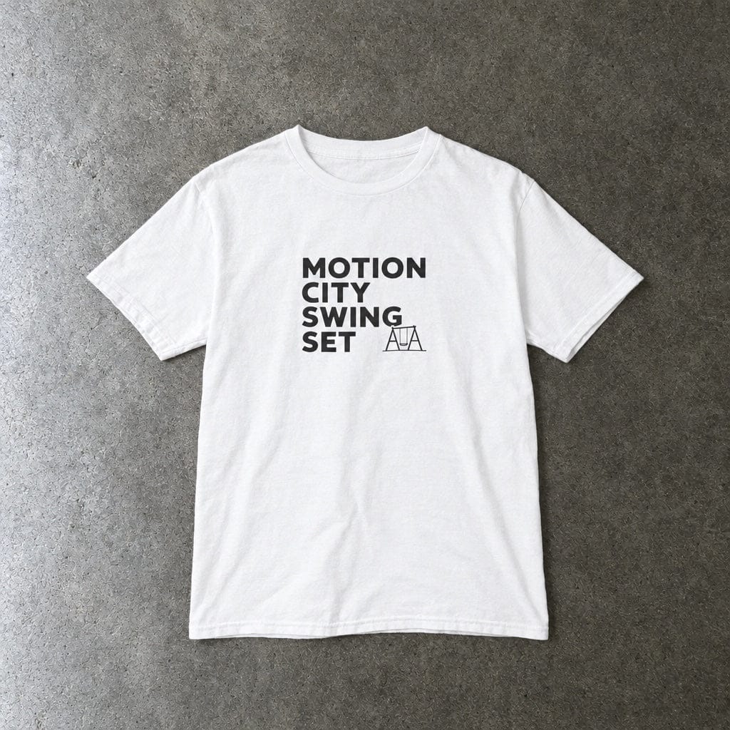 Motion City Swing Set youth tee in white, laid flat