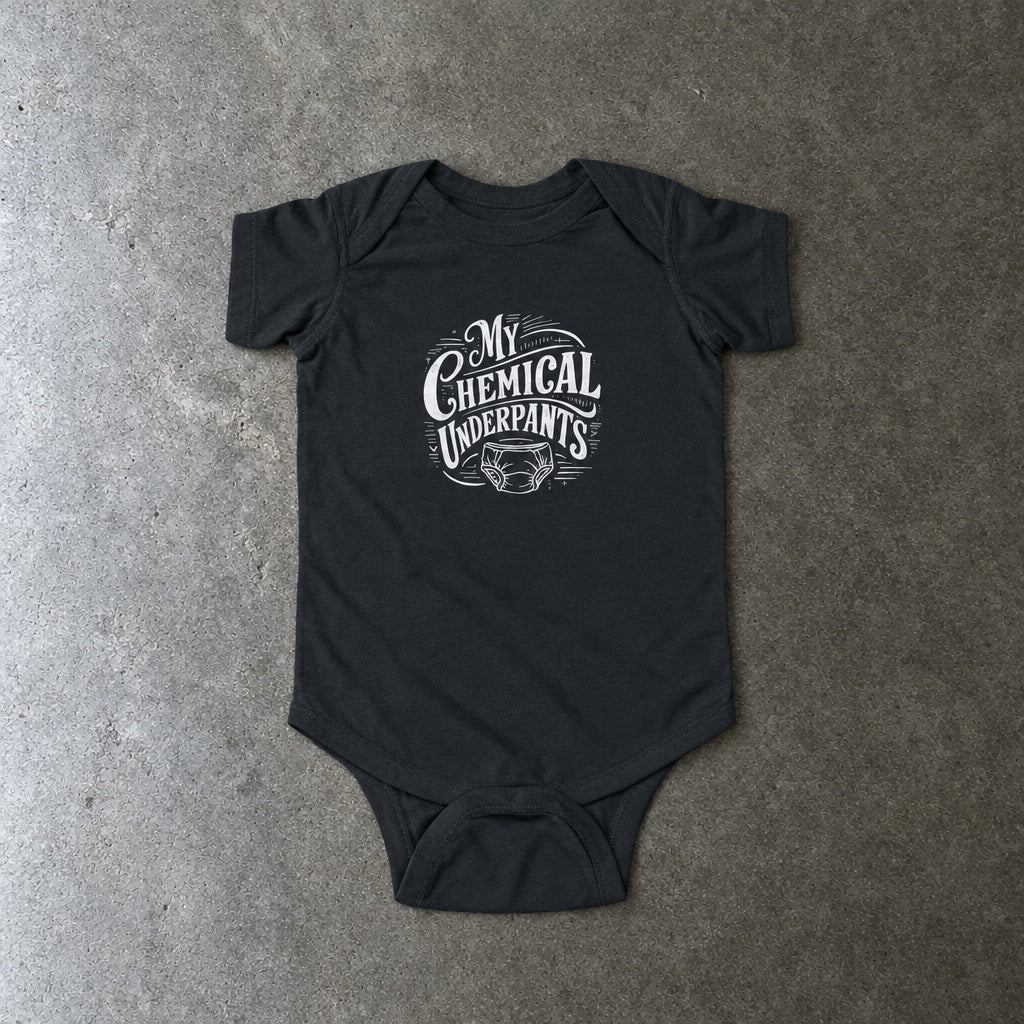 My Chemical Underpants onesie in black, laid flat