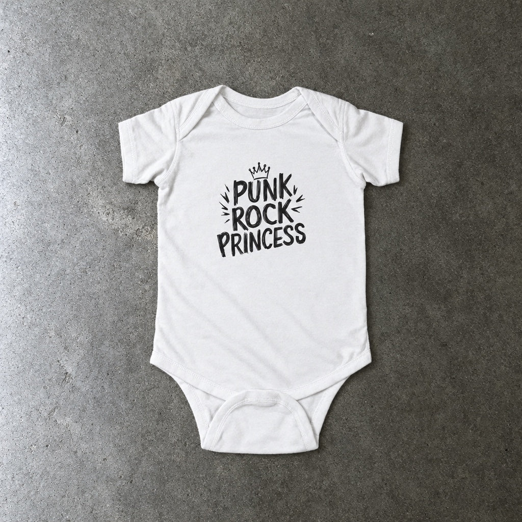 Punk Rock Princess onesie in white, laid flat
