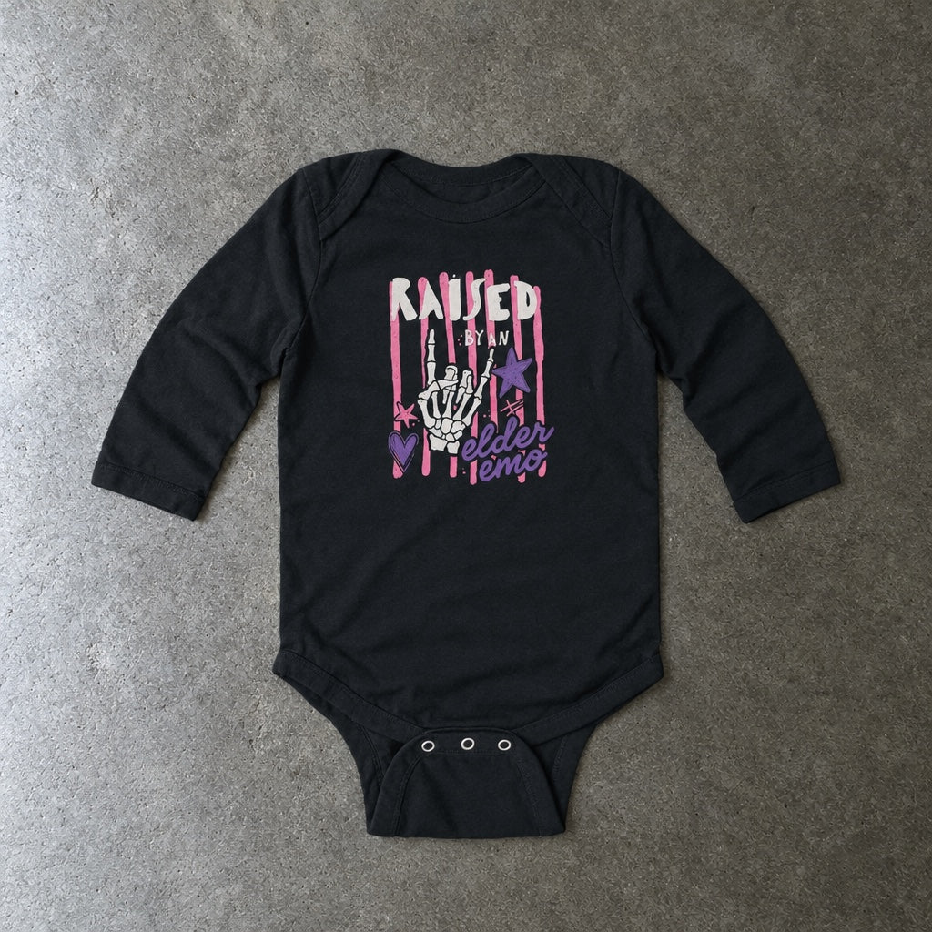 Raised by an Elder Emo 2.0 Long Sleeve Bodysuit toddler tee in black, laid flat
