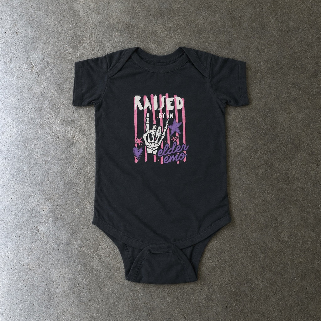 Raised by an Elder Emo 2.0 Onesie toddler tee in black, laid flat